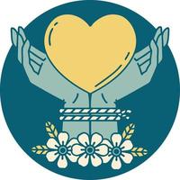 iconic tattoo style image of tied hands and a heart vector