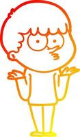 warm gradient line drawing cartoon curious boy shrugging shoulders vector