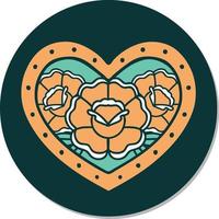 sticker of tattoo in traditional style of a heart and flowers vector