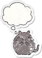 happy cartoon cat and thought bubble as a distressed worn sticker vector