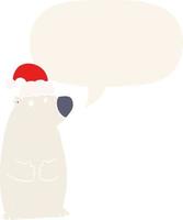 cartoon bear wearing christmas hat and speech bubble in retro style vector