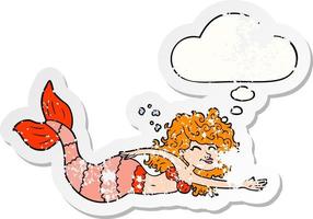 cartoon mermaid and thought bubble as a distressed worn sticker vector