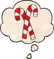 cartoon candy canes and thought bubble in grunge texture pattern style vector