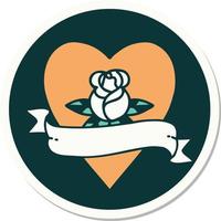 sticker of tattoo in traditional style of a heart rose and banner vector