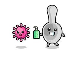 illustration of spoon character chasing evil virus with hand sanitizer vector