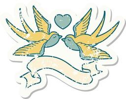 worn old sticker with banner of swallows and a heart vector
