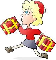 freehand drawn cartoon running woman with presents vector