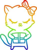 rainbow gradient line drawing cute cartoon cat with bow vector