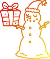warm gradient line drawing cartoon snowman with present vector
