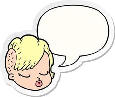 cartoon female face and speech bubble sticker vector