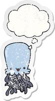 cartoon octopus and thought bubble as a distressed worn sticker vector