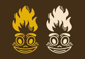 Smiling face with fire flame on it retro vintage line art vector