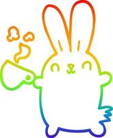 rainbow gradient line drawing cute cartoon rabbit with coffee cup vector