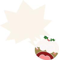 cartoon christmas pudding and shocked face and speech bubble in retro style vector