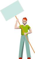 Flat style young caucasian man protesting with blank poster, isolated on white background. vector