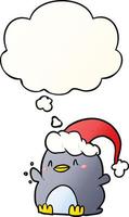pingüino de dibujos animados con sombrero de navidad y burbuja de pensamiento en un estilo de gradiente suave vector