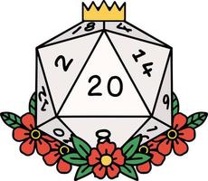 Retro Tattoo Style natural 20 D20 dice roll with floral elements vector