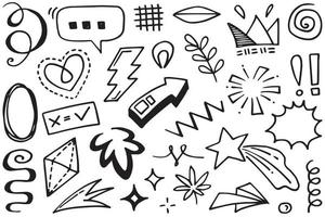 Hand drawn set elements, Abstract arrows, ribbons, hearts, stars, crowns and other elements in a hand drawn style for concept designs. Scribble illustration. Vector illustration.