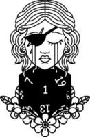 Black and White Tattoo linework Style crying human rogue with natural one d20 roll vector