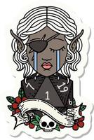 sticker of a sad elf rogue character face with natural one d20 roll vector