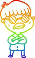 rainbow gradient line drawing cartoon boy with crossed arms wearing spectacles vector