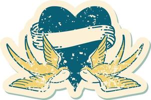 iconic distressed sticker tattoo style image of swallows and a heart with banner vector
