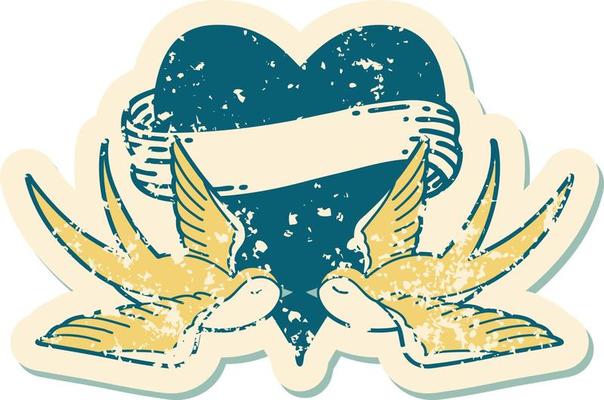 iconic distressed sticker tattoo style image of swallows and a heart with banner