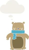 cartoon bear with scarf and thought bubble in retro style vector