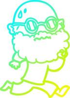 Línea de gradiente frío dibujando dibujos animados hombre corriendo con barba y gafas de sol sudando vector