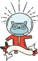 scroll banner with tattoo style cat in astronaut suit vector