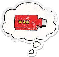 cartoon flash drive and thought bubble as a distressed worn sticker vector