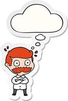 cartoon man with mustache shocked and thought bubble as a printed sticker vector