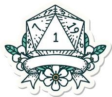 sticker of a natural one d20 dice roll vector