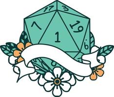 estilo de tatuaje retro natural uno d20 tirada de dados vector