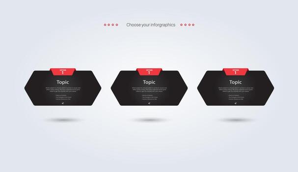 grupo de tres botones de forma de polígono, niveles de vector de polígono, diseño infográfico de iconos oscuros y diseño de elementos de forma de conjunto de 3 polígonos, elemento de paso de procesamiento, icono infográfico y plantilla de banner.