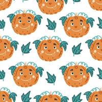 Funny pumpkins with leaves vector seamless pattern