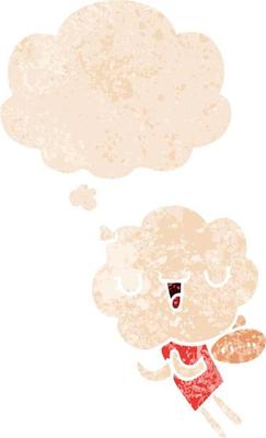 cute cartoon cloud head creature and thought bubble in retro textured style