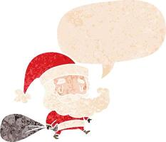 cartoon santa claus with sack and speech bubble in retro textured style vector