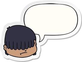 cartoon face and hair over eyes and speech bubble sticker vector