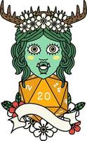 Retro Tattoo Style half orc druid character with natural 20 dice roll vector