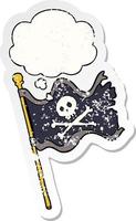 cartoon pirate flag and thought bubble as a distressed worn sticker vector