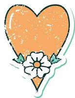 iconic distressed sticker tattoo style image of a heart and flower vector