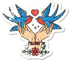 distressed sticker tattoo in traditional style of tied hands and swallows vector
