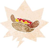 cartoon hot dog and speech bubble in retro textured style vector