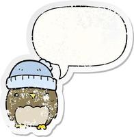 cute cartoon owl in hat and speech bubble distressed sticker vector