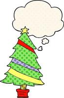 cartoon christmas tree and thought bubble in comic book style vector