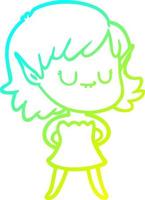 cold gradient line drawing happy cartoon elf girl wearing dress vector