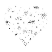 Doodle heart-shaped cosmos illustration set in childish style with lettering, design clipart. Hand drawn abstract space elements. Black and white. vector