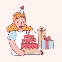 chica con pastel de cumpleaños y regalos vector