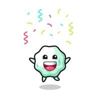 mascota de goma de mascar feliz saltando para felicitar con confeti de color vector